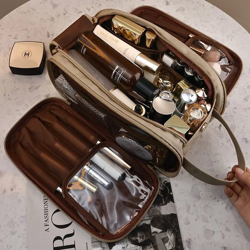 Large PU Leather Makeup Bag – Double Zipper Organizer for Travel Toiletries