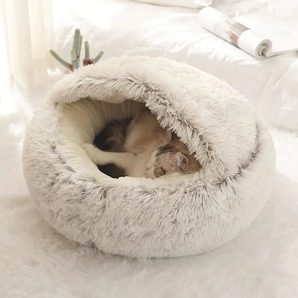 Plush Round Pet Bed – Warm 2-in-1 Cave Mattress for Small Cats and Dogs