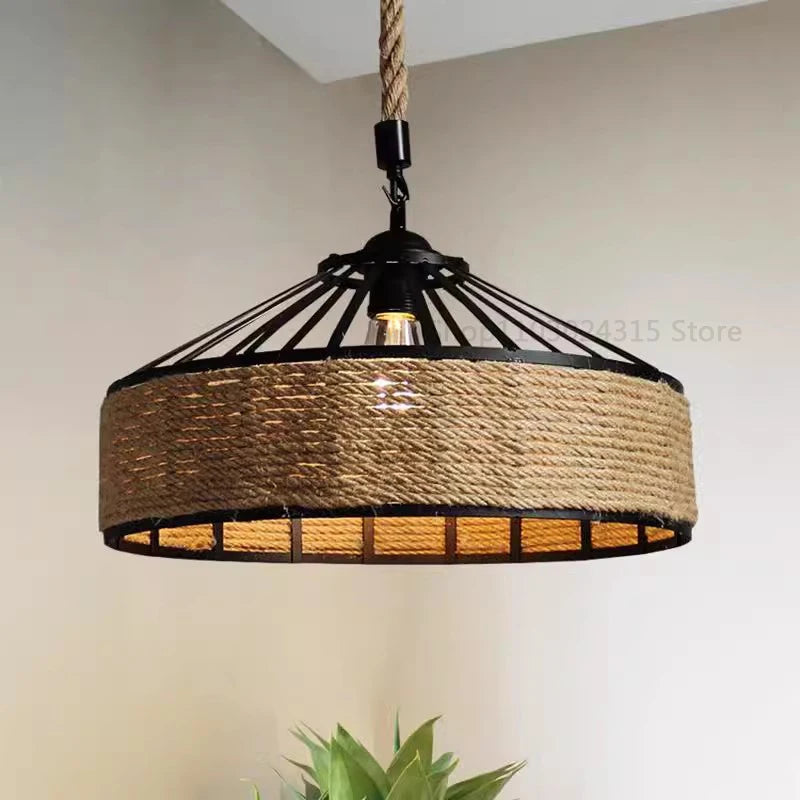 Industrial Hemp Rope Pendant Lamp – Antique Iron Chandelier for Dining Room