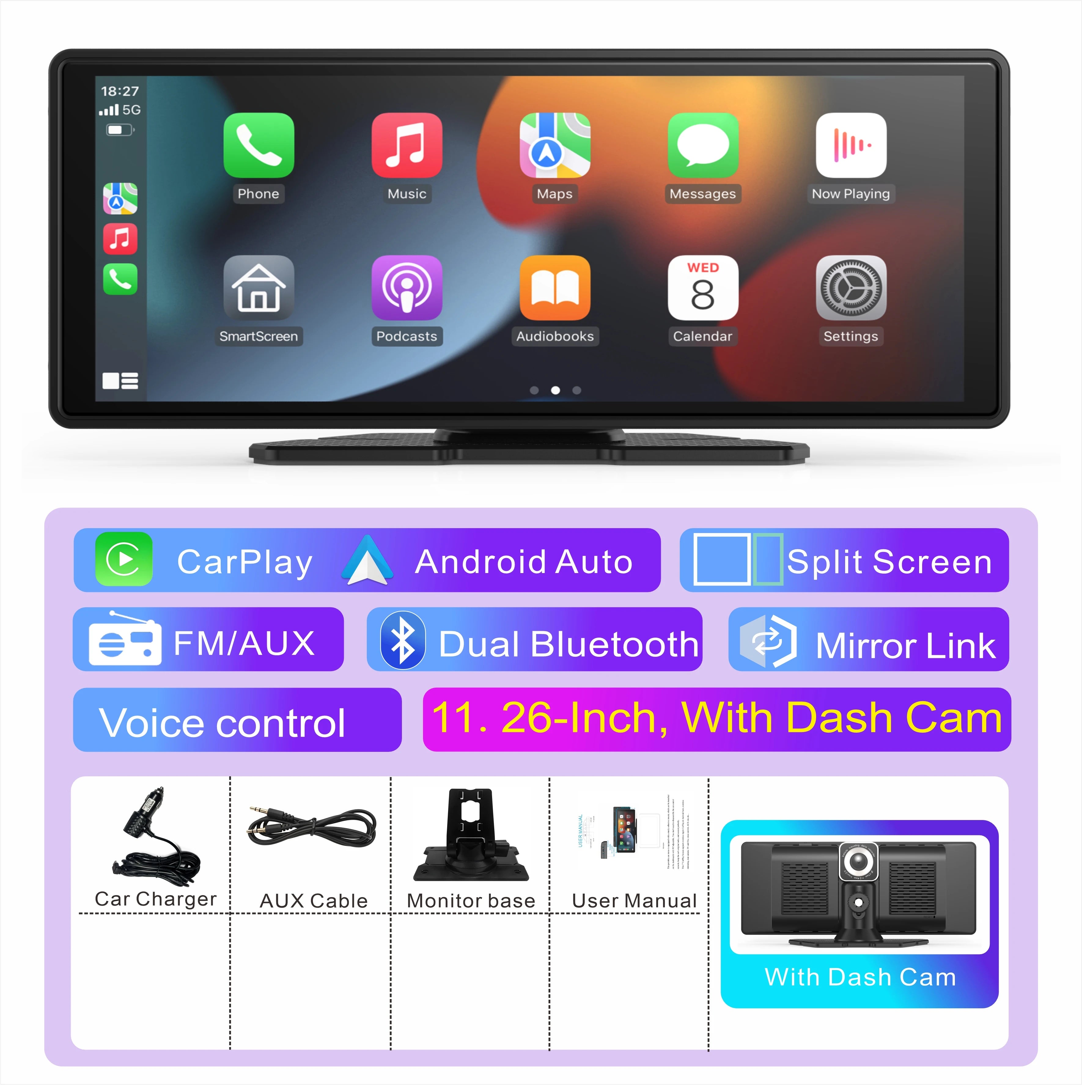 11-Inch Portable Carplay Screen – Wireless Apple CarPlay for Car Dashboards