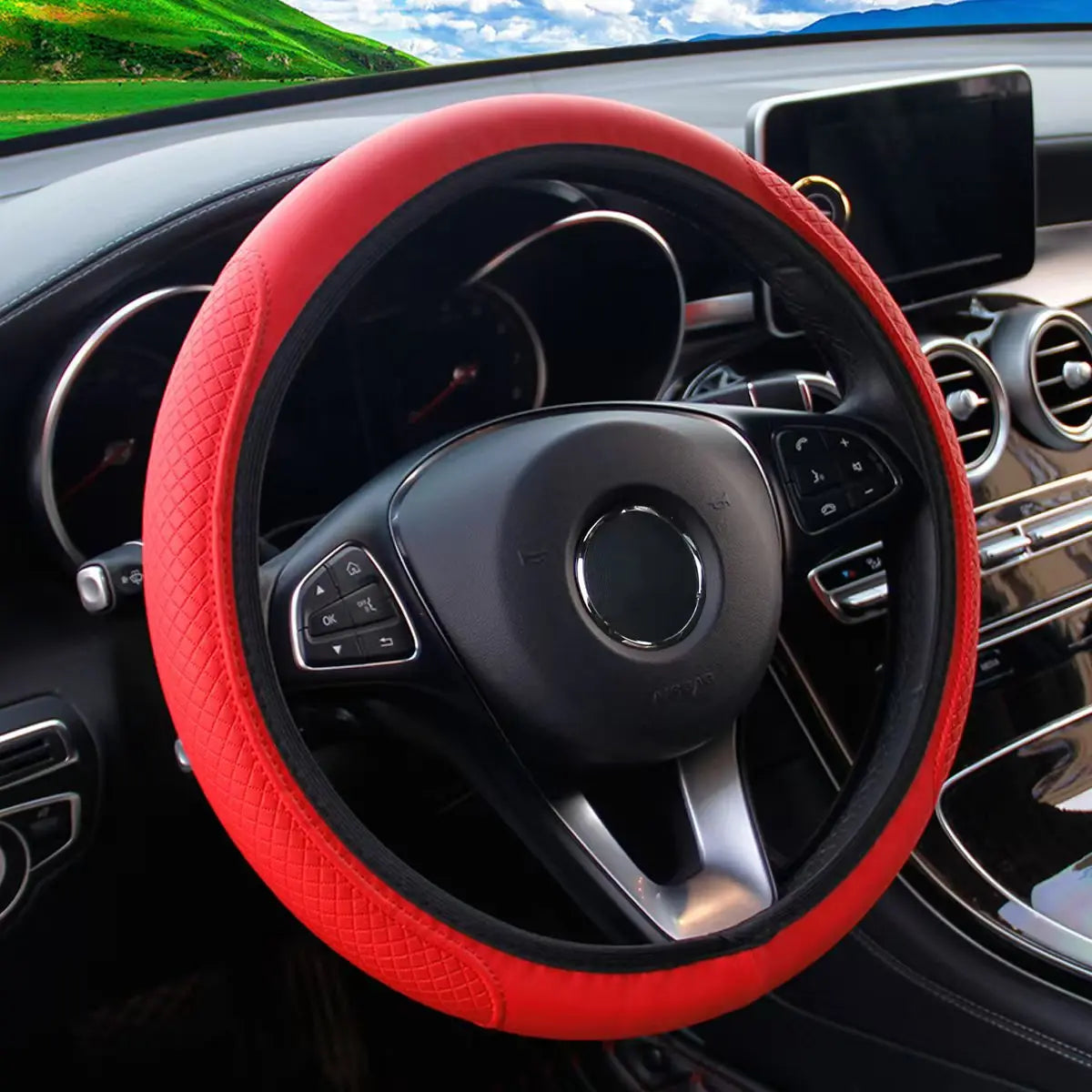 Embossed Leather Steering Wheel Cover – 15 Inch Universal Car Interior Decor