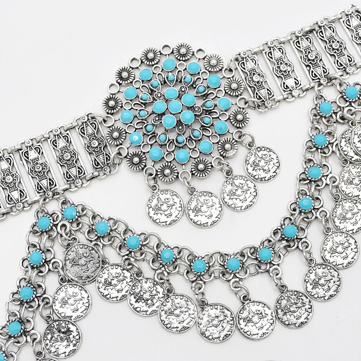 Silver statement necklace with turquoise stones and dangling coin charms, boho jewelry