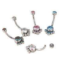 Set of jeweled curved barbell belly button rings in assorted colors on white background