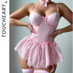 Pink Lace Corset Lingerie – Patchwork Garter Set for Cosplay Costume