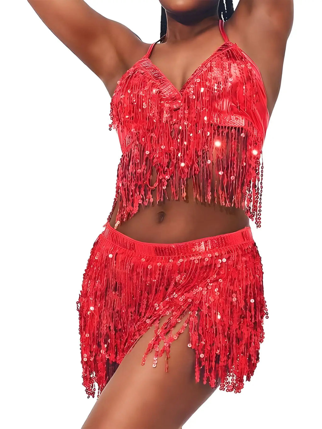 Woman wearing red sequin fringe crop top and skirt set, party dance outfit