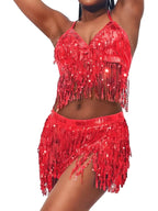 Woman wearing red sequin fringe crop top and skirt set, party dance outfit