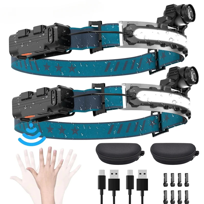Rechargeable LED Headlamp – 270° Wide Beam Motion Sensor for Camping and Work