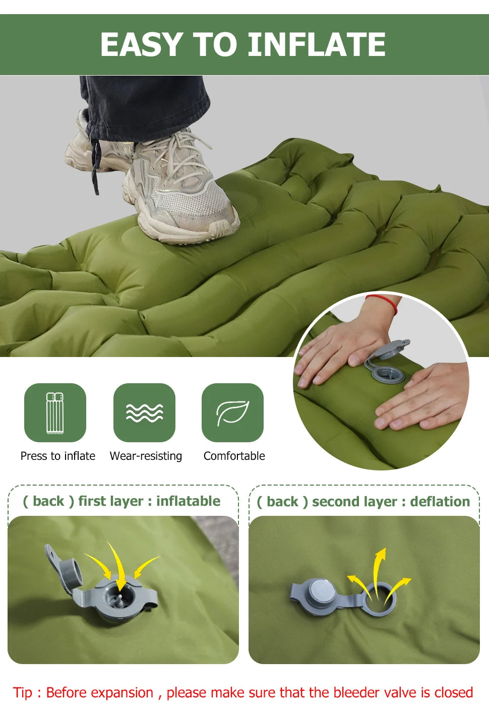 Inflatable Sleeping Pad – Built-in Pillow for Camping Hiking and Travel