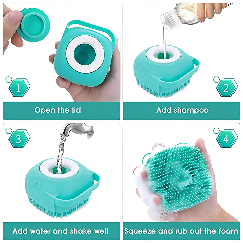 Silicone Pet Grooming Brush – Shampoo Dispenser for Dogs and Cats Bathing