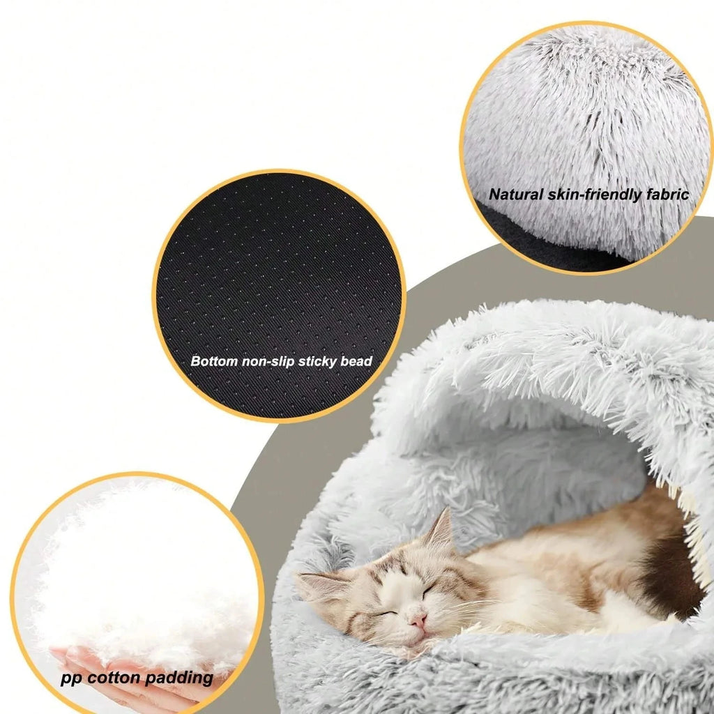 Plush Round Pet Bed – Warm 2-in-1 Cave Mattress for Small Cats and Dogs