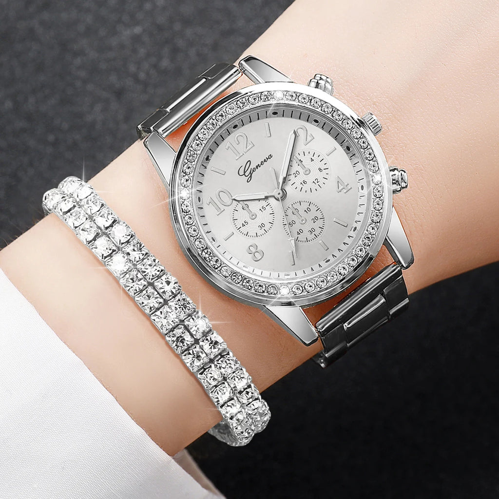 Stainless Steel Quartz Watch – Silver Diamond Bracelet for Women