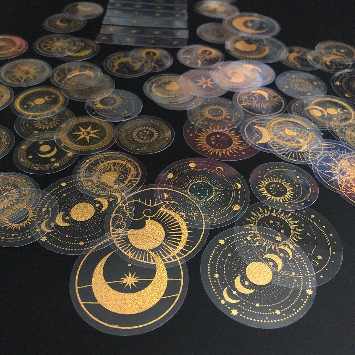 Glitter Gold PET Adhesive Stickers – Celestial Stars and Moon for Journaling