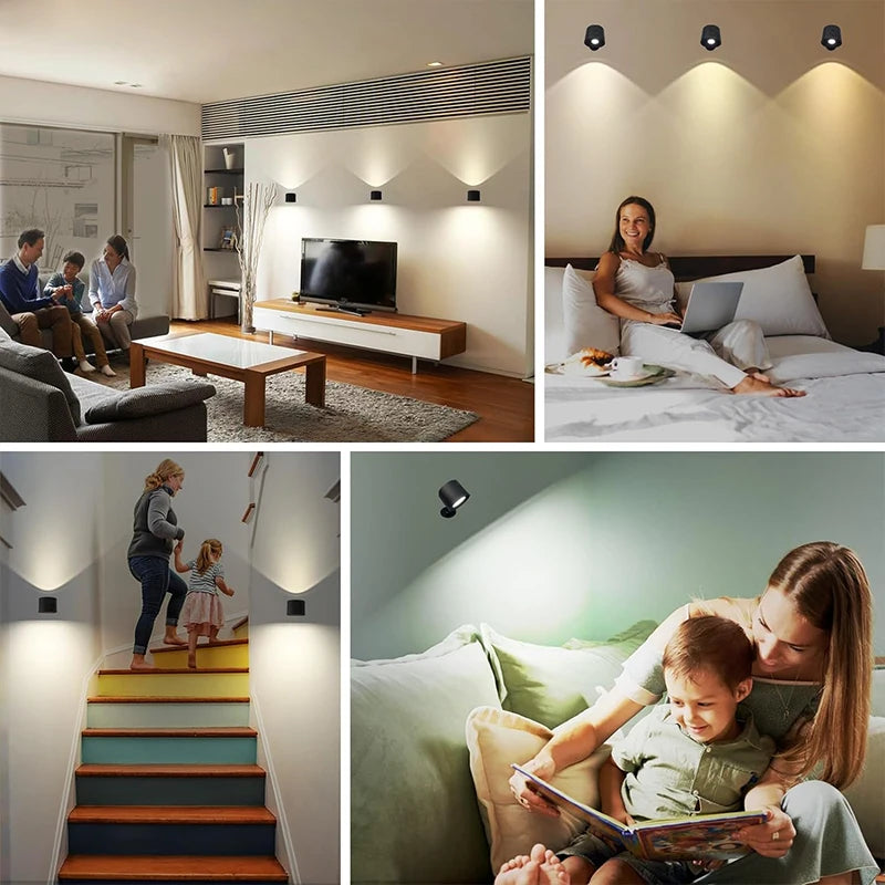 Wireless Double Head LED Wall Lamp – 360 Rotating Night Light for Bedroom Reading
