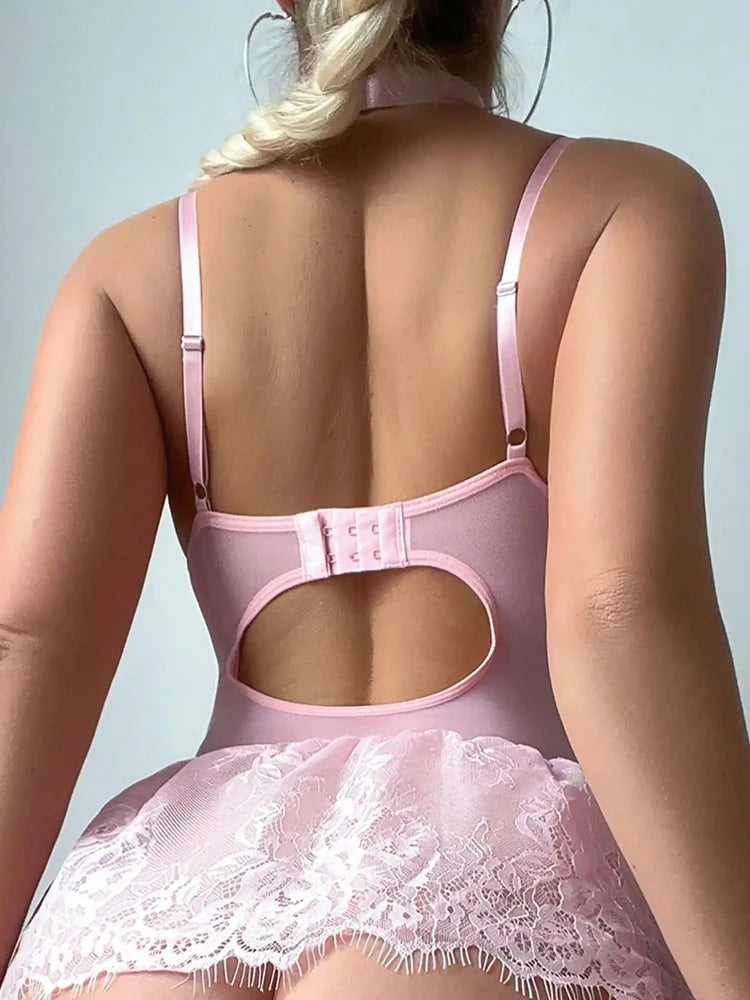 Pink Lace Corset Lingerie – Patchwork Garter Set for Cosplay Costume