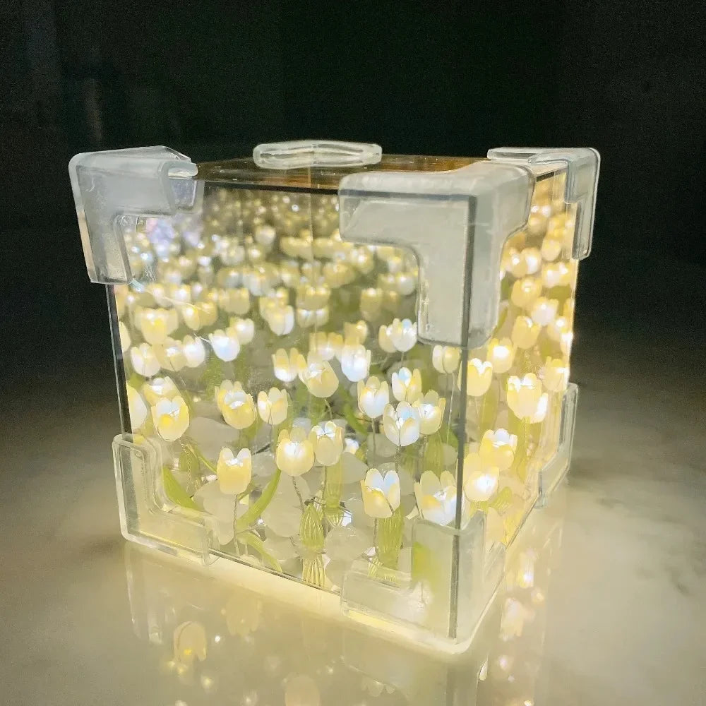 DIY Tulip Flower Sea Cube Night Lamp – Handmade Creative Gift for Girlfriend