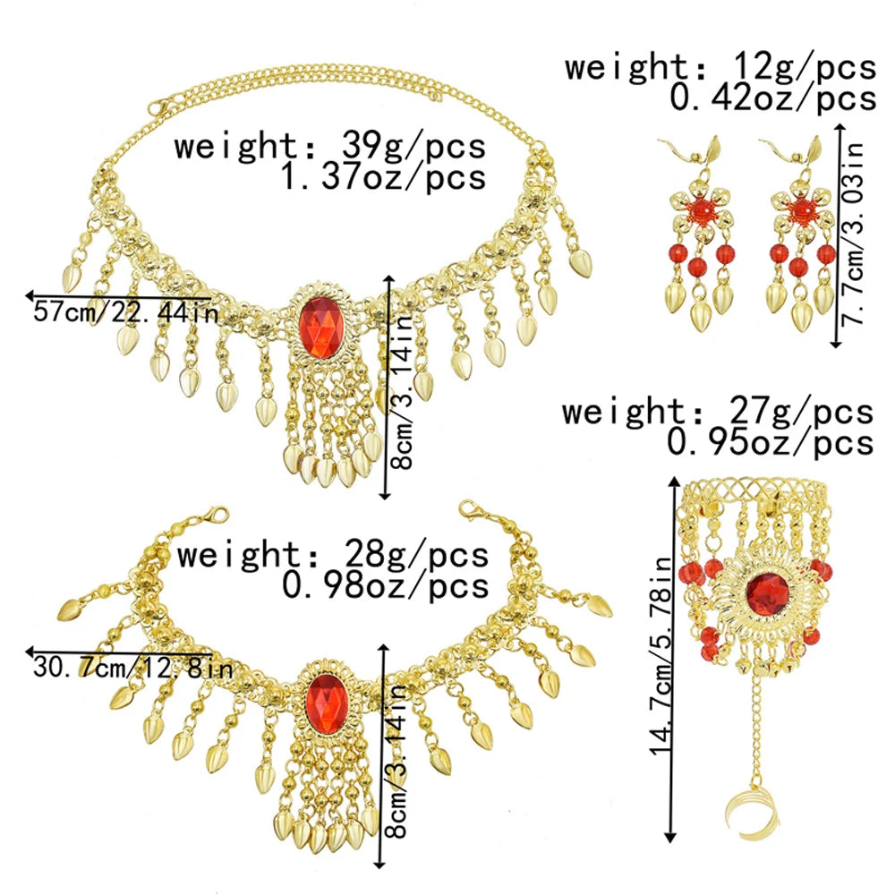 Gold jewelry set with red gemstones, including necklace, bracelet, and dangling earrings, with measurements and weights shown.