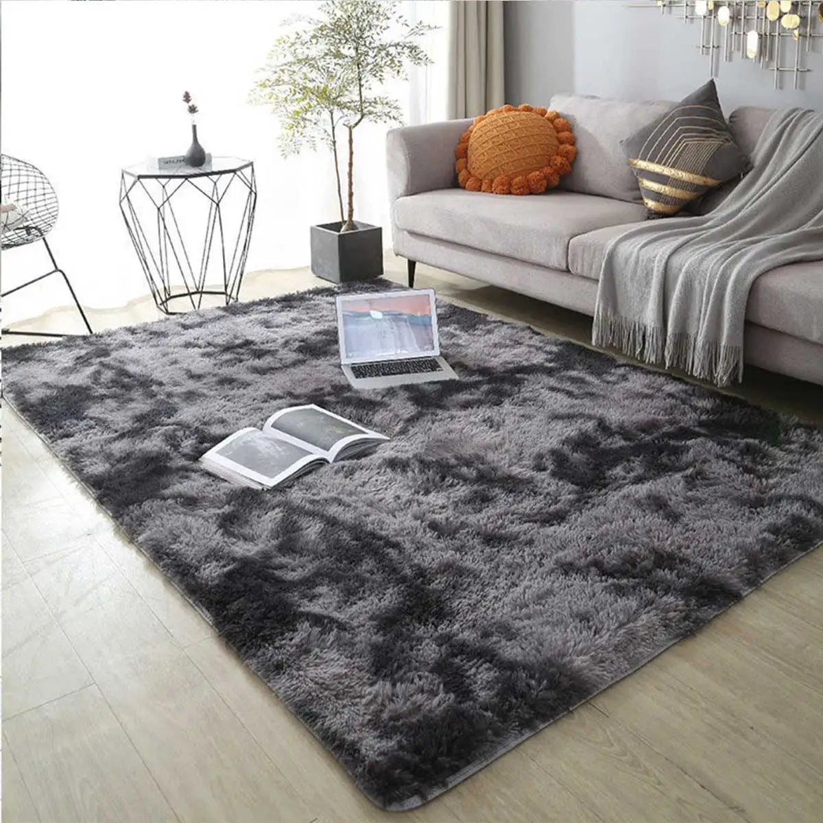 Plush Gray Area Rug – Fluffy Anti-Slip Velvet Carpet for Living Room Decor