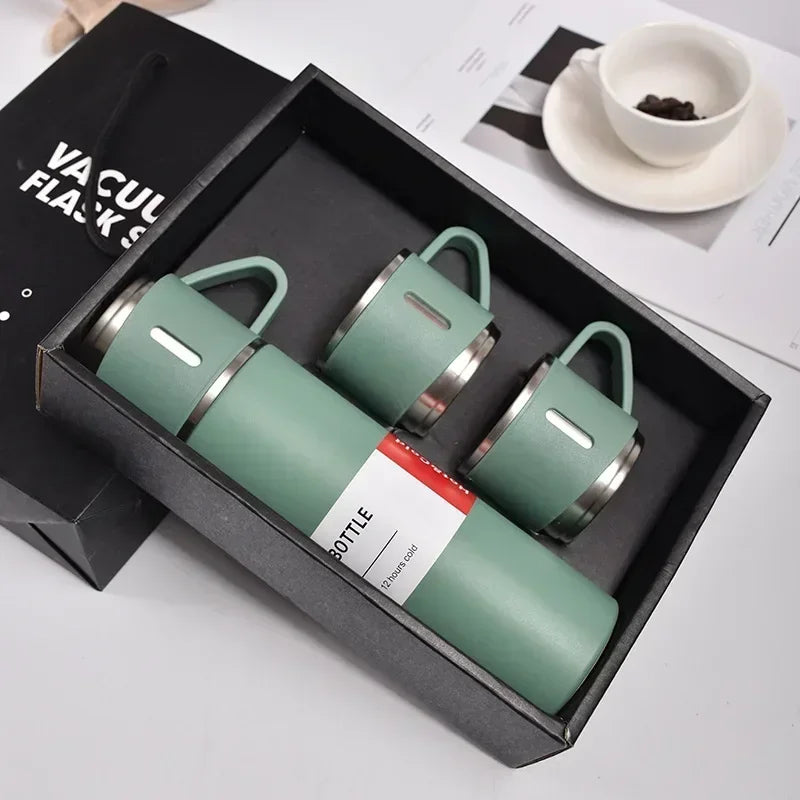 Green vacuum flask and cup set in gift box, insulated drinkware for home or outdoor use