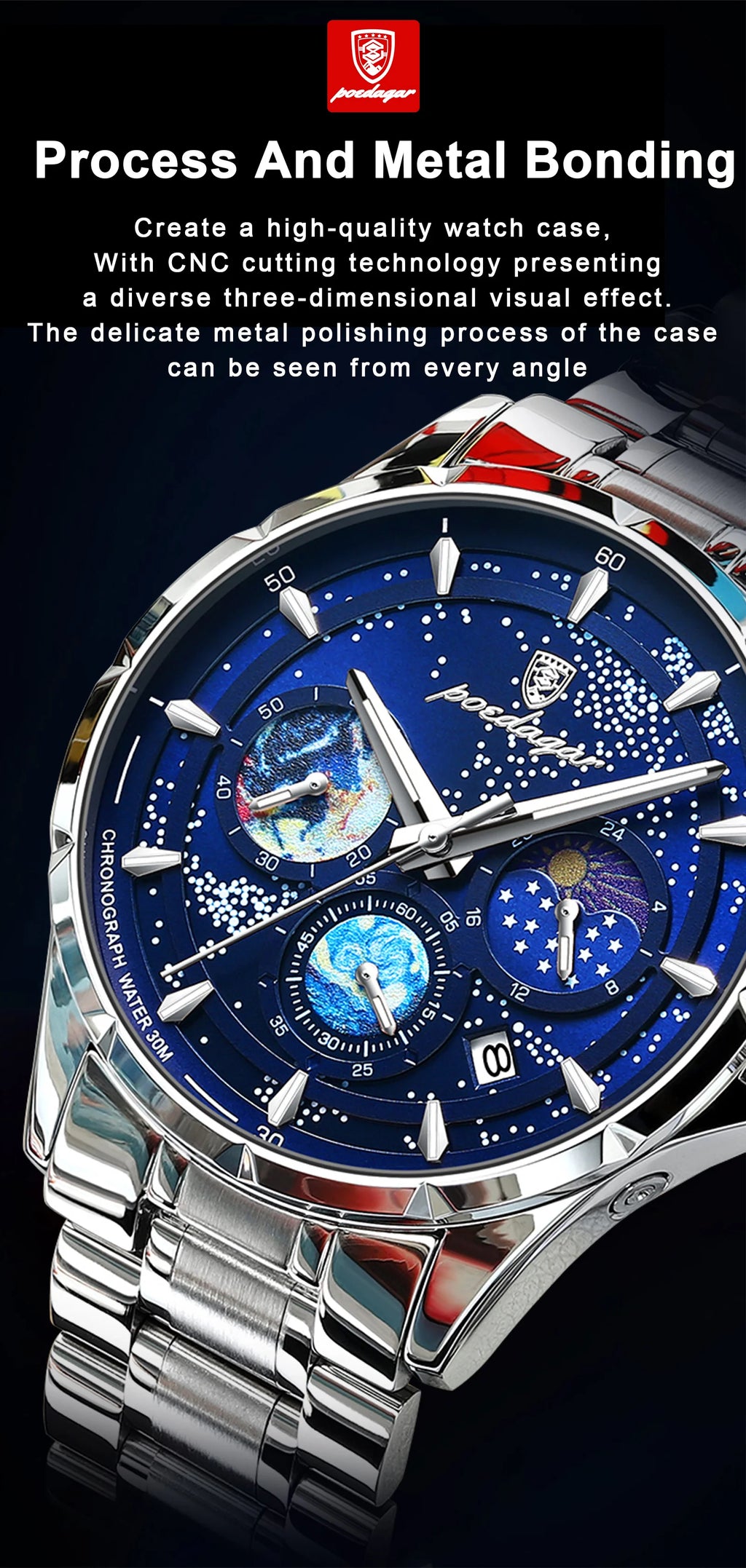 Stainless Steel Quartz Chronograph Watch – Luminous Waterproof Men's Accessory