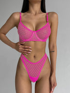 Polka Dot Mesh Lingerie Set – Sheer Underwire Bra and G-String for Women