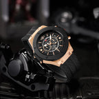 Mens Rose Gold Silicone Sports Watch – 46mm Hollow Dial for Daily Fashion