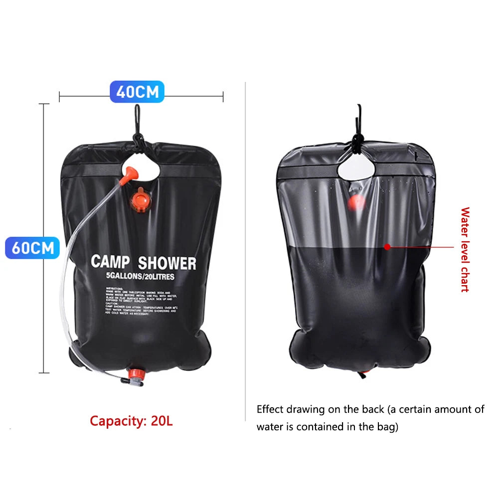 Portable Solar Camping Shower – 20L PVC Heated Water Bag for Outdoor Travel