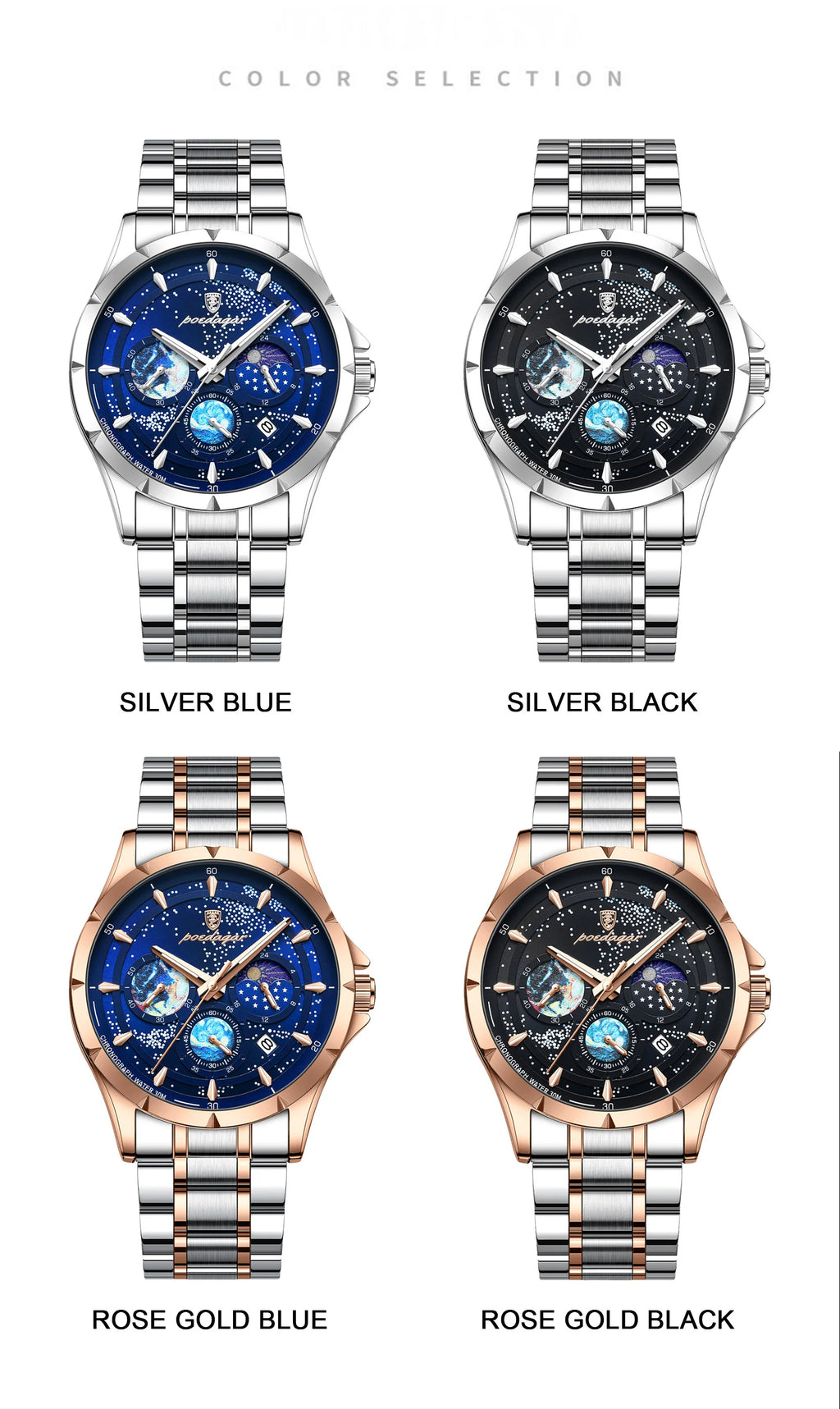 Stainless Steel Quartz Chronograph Watch – Luminous Waterproof Men's Accessory