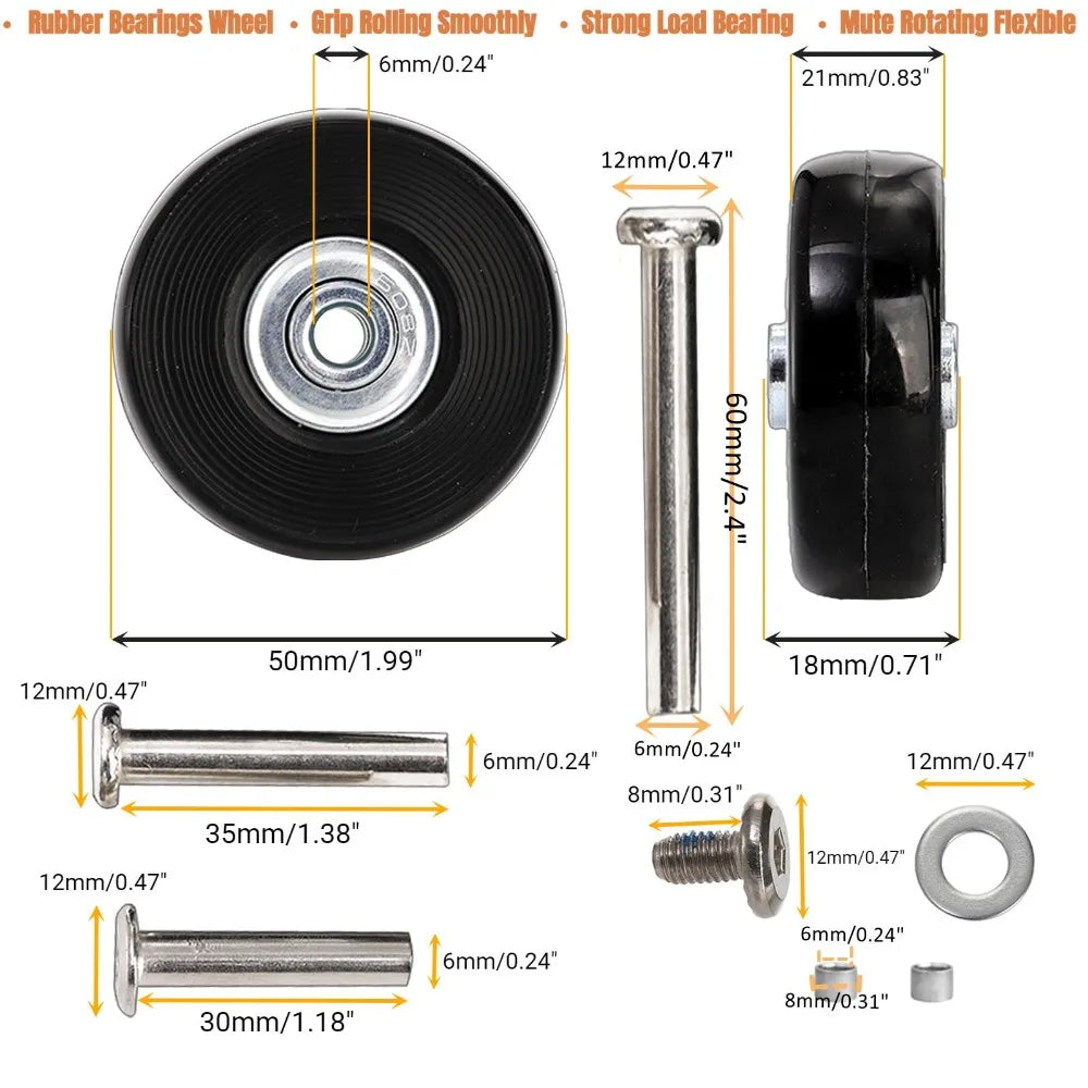 Silent Rubber Luggage Wheels – Durable Travel Bag Replacement for Repair