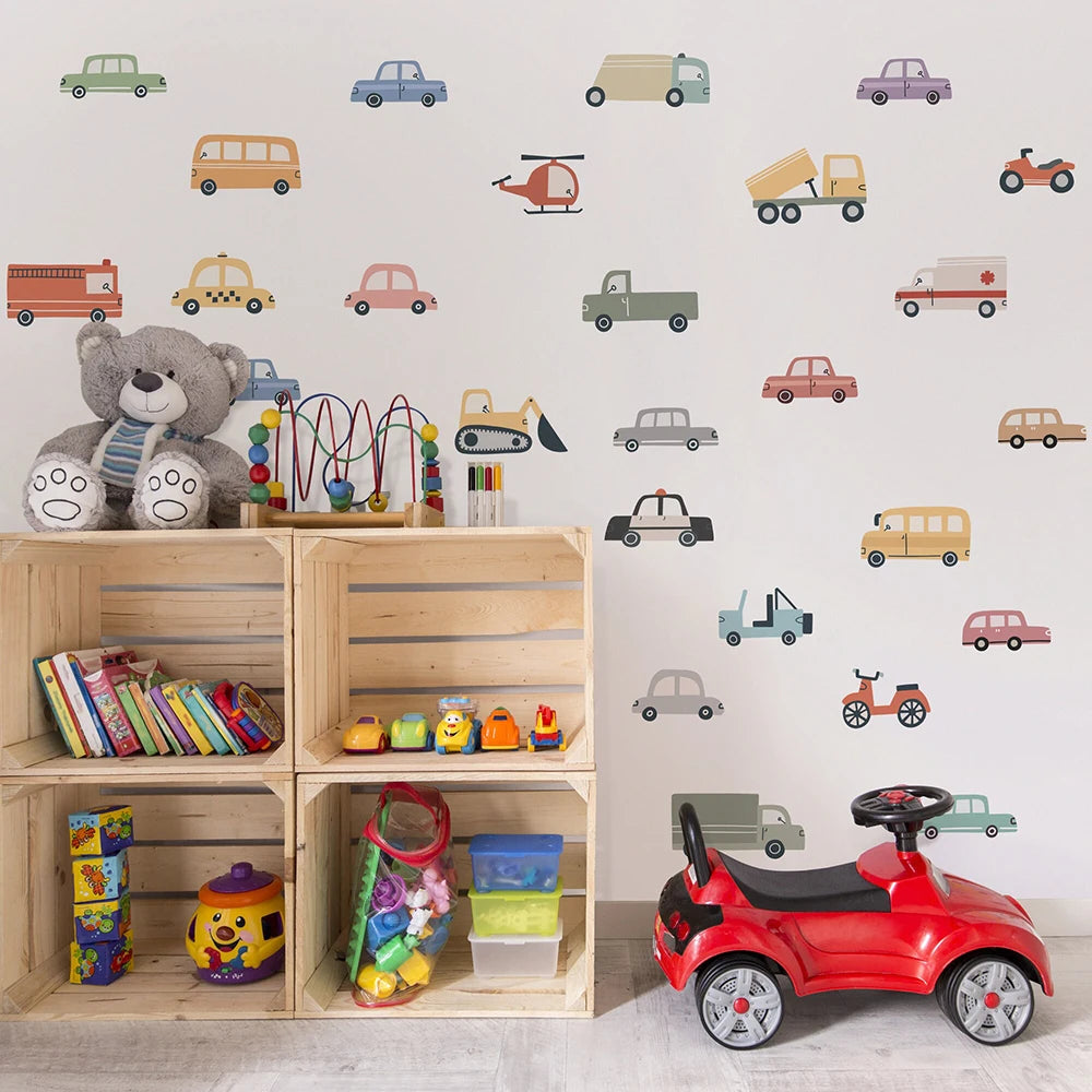 Cartoon Vehicle Wall Decals – Cute Transport Stickers for Kids Room Decor