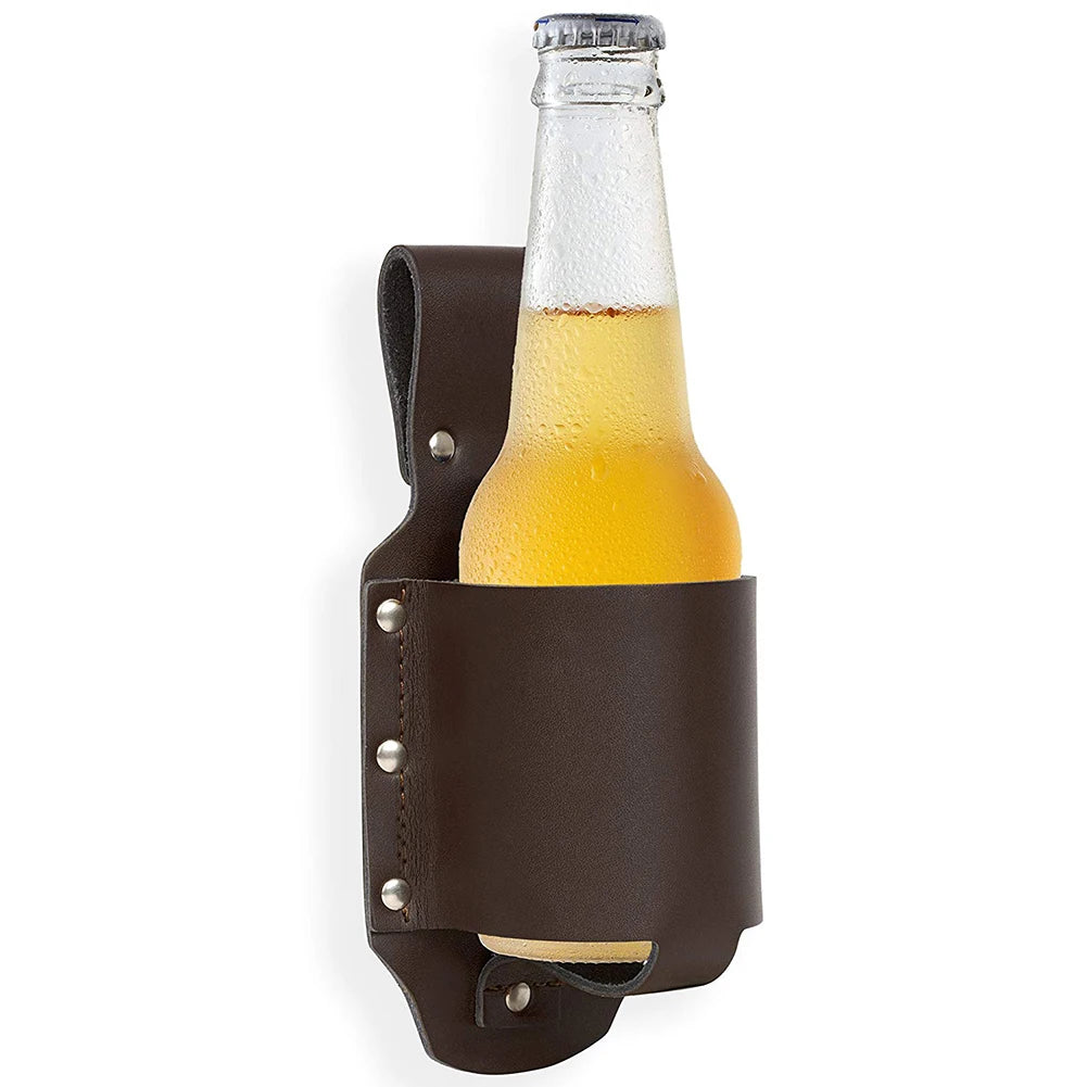 Vintage Leather Belt Bag – Adjustable Bottle Holster for Hiking and Camping