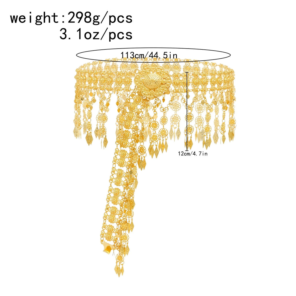 Gold-toned ornate waist chain belt with floral design, fringe detailing, and measurement labels.