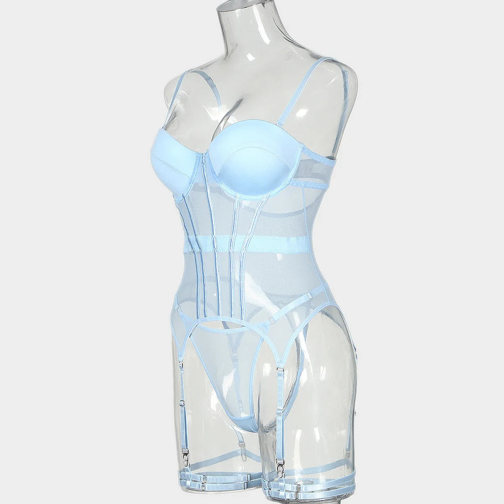 Mesh Lingerie Bodysuit Set – Backless Lace 3 Piece Lingerie for Women