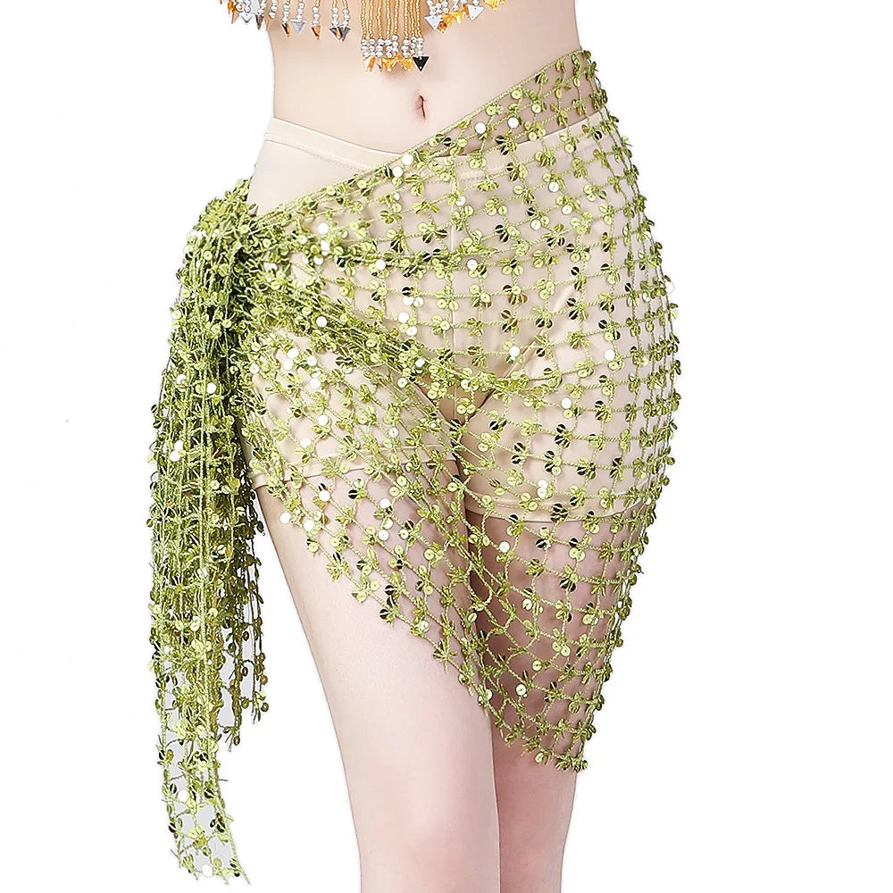 Green sequin mesh hip scarf for belly dance or festival, tied at waist, on light background