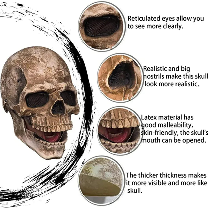 Full Head Skull Mask – Realistic Moveable Jaw for Halloween Cosplay