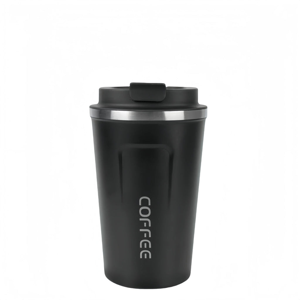 Black stainless steel insulated coffee travel mug with lid on white background