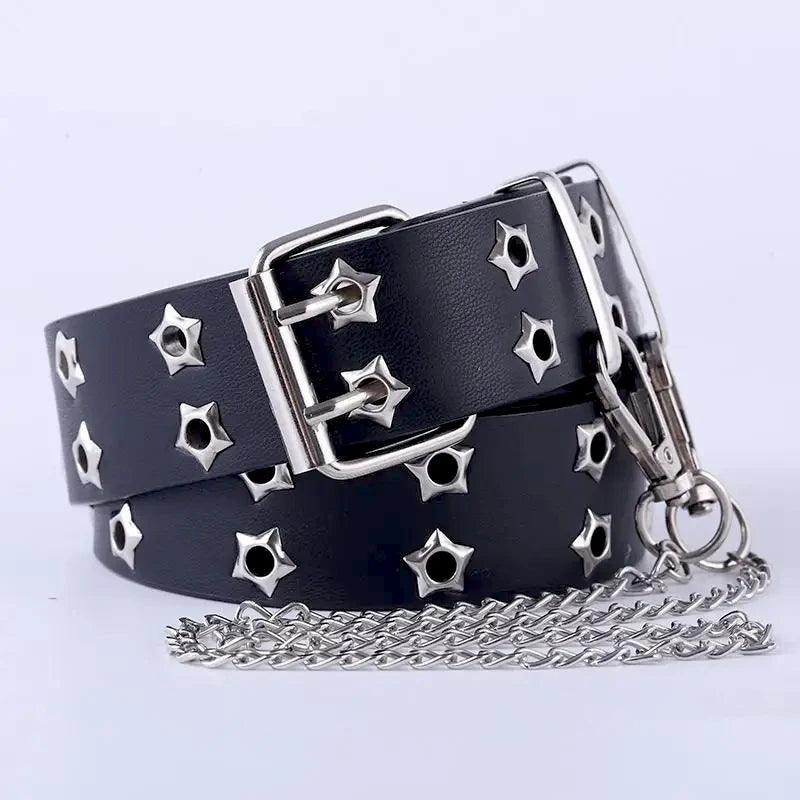 Double Hole Leather Belt – Large Size Y2K Punk Waistband for Men and Women