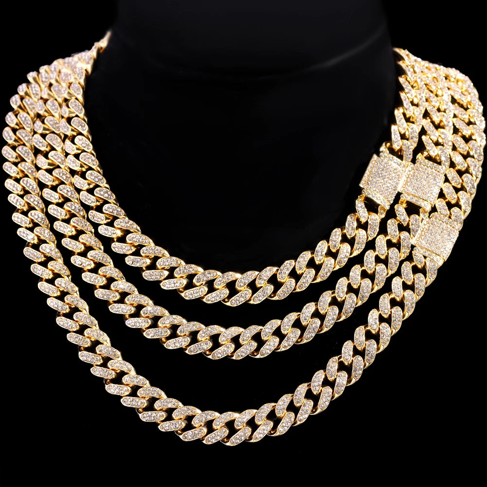 Iced Out Cuban Link Chain – AAA Rhinestone Men's Necklace for Hip Hop Jewelry