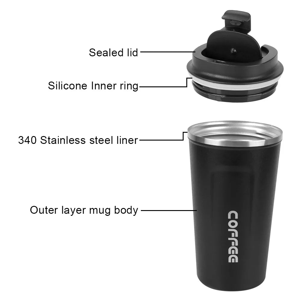 Black insulated coffee tumbler with labeled sealed lid, silicone ring, stainless steel liner.