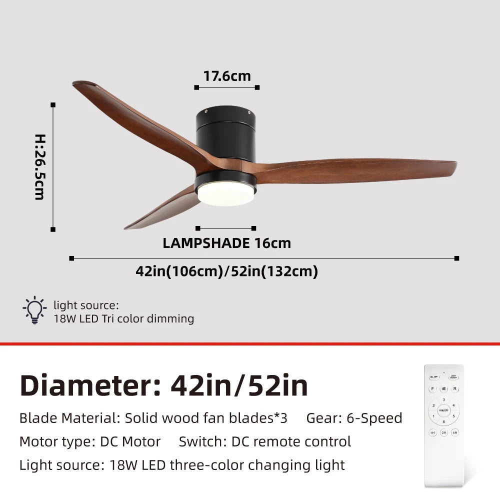 Solid Wood Ceiling Fan – 42/52 Inch LED Light for Living Room Dining