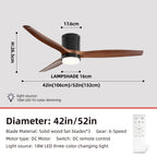 Solid Wood Ceiling Fan – 42/52 Inch LED Light for Living Room Dining