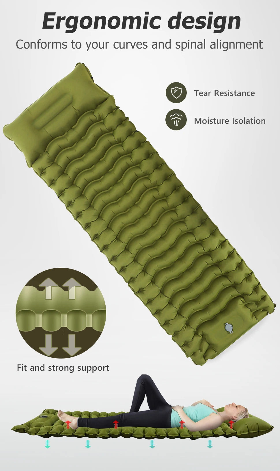 Inflatable Sleeping Pad – Built-in Pillow for Camping Hiking and Travel
