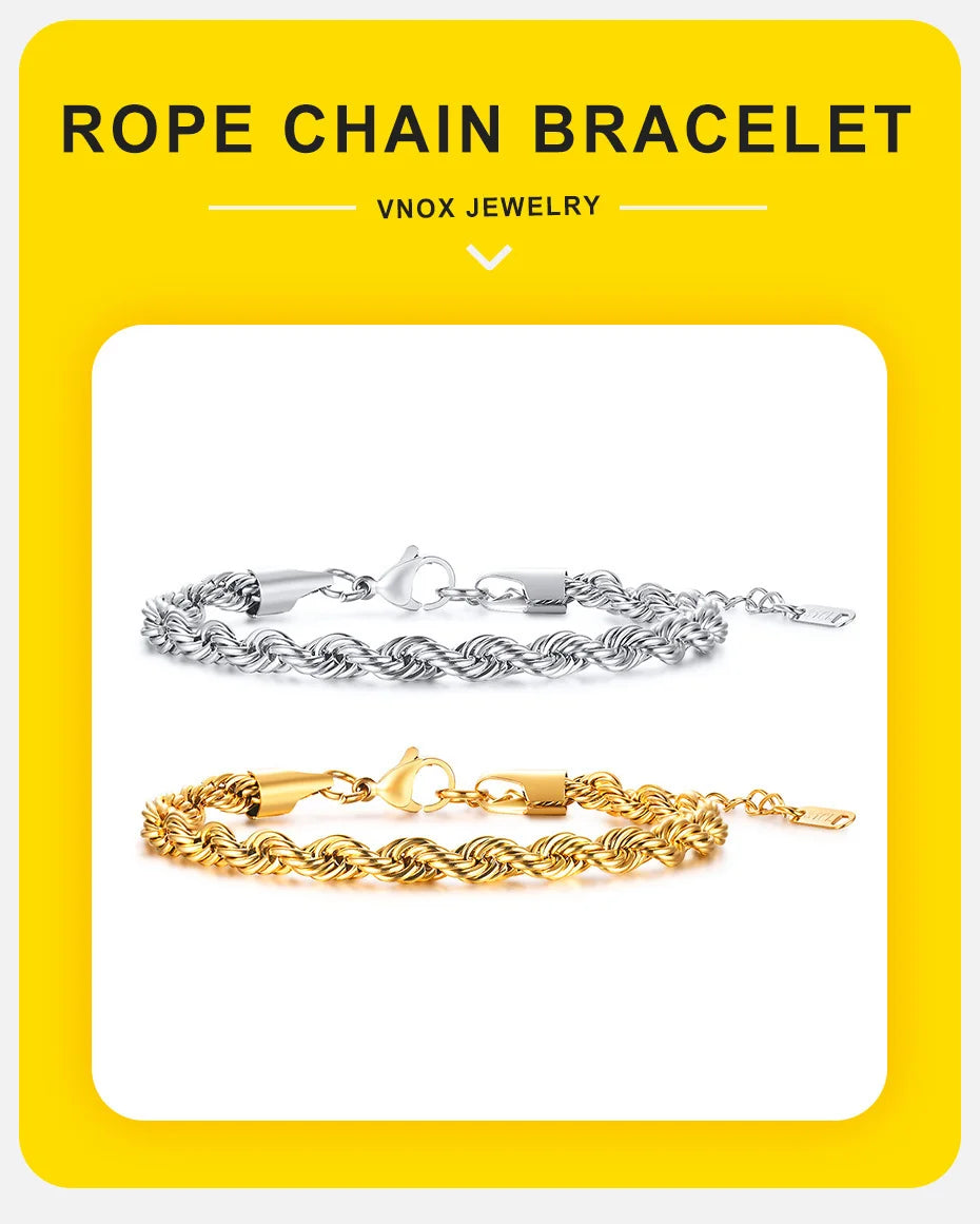 Stainless Steel Rope Chain Bracelet – Unisex Twisted Link Jewelry for Gift