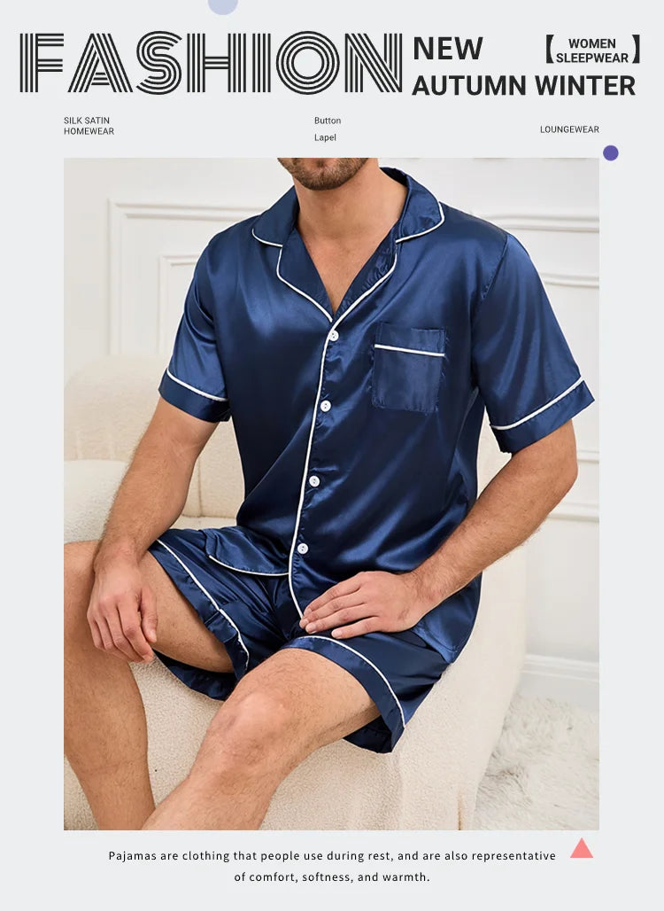 Satin Pajama Set – Short Sleeve Button-Down Sleepwear for Men