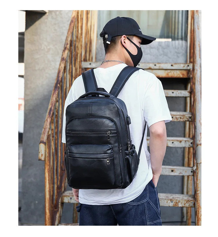 PU Leather USB Charging Laptop Backpack – Large Travel Bag for Men and Students