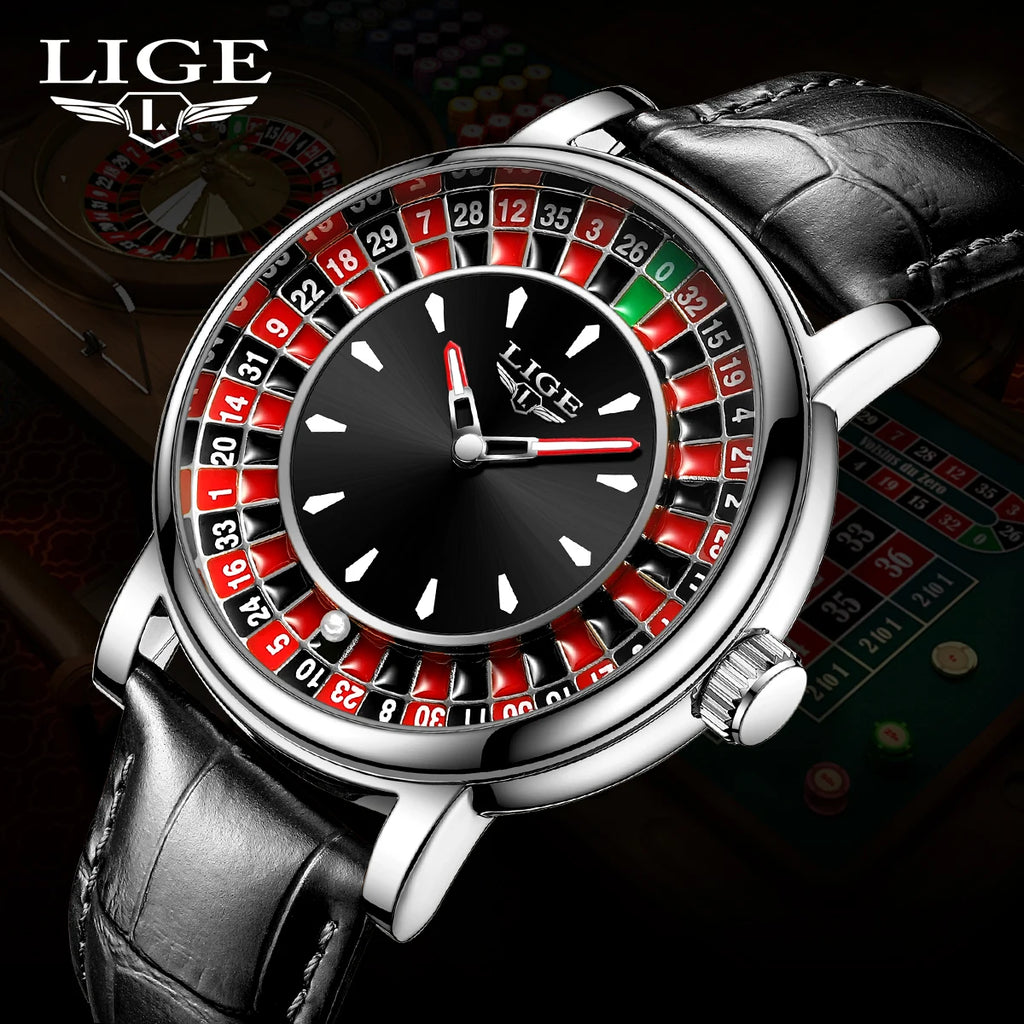 LIGE Roulette Quartz Watch – Luxury Leather Wristwatch for Men Gifts