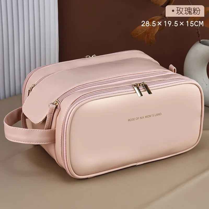 Large PU Leather Makeup Bag – Double Zipper Organizer for Travel Toiletries