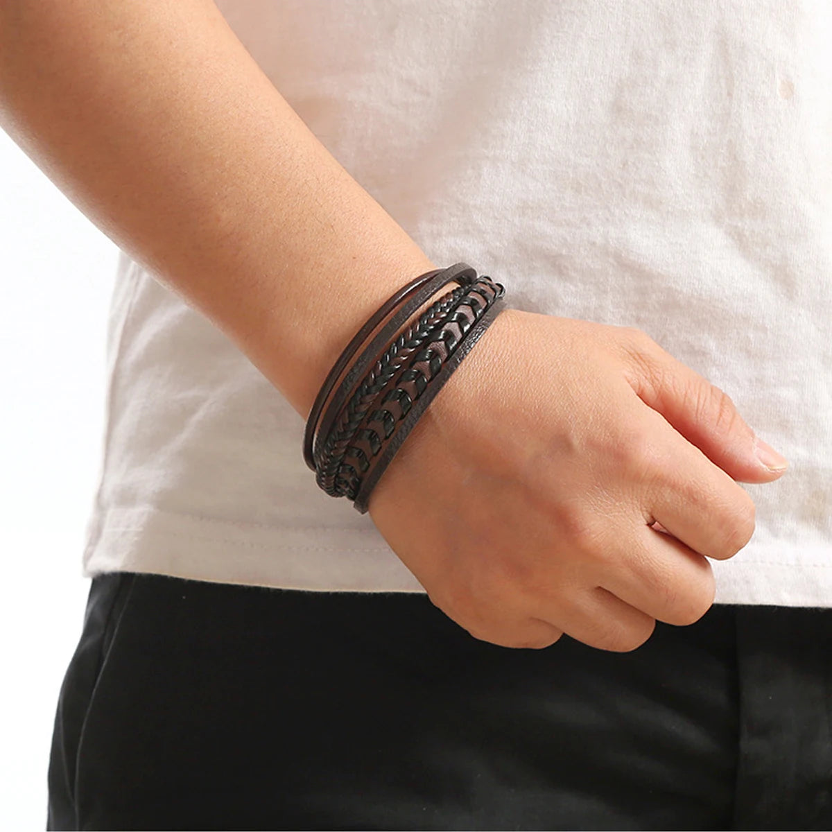 Multi-layered Leather Braided Bracelet – Vintage Magnetic Alloy for Men