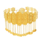 Ornate gold waist belt with intricate engravings, dangling coins and filigree details