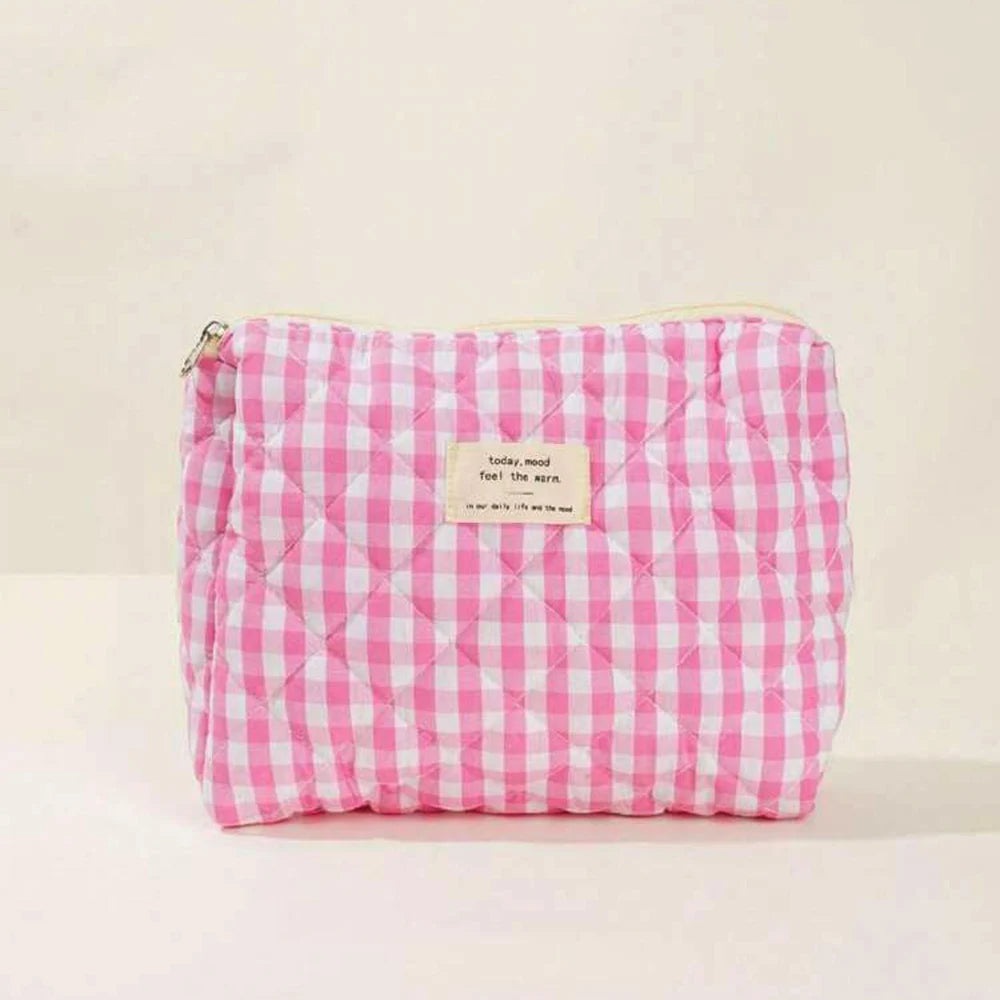 Large Checkered Cotton Cosmetic Bag – Plaid Travel Toiletry Organizer for Women
