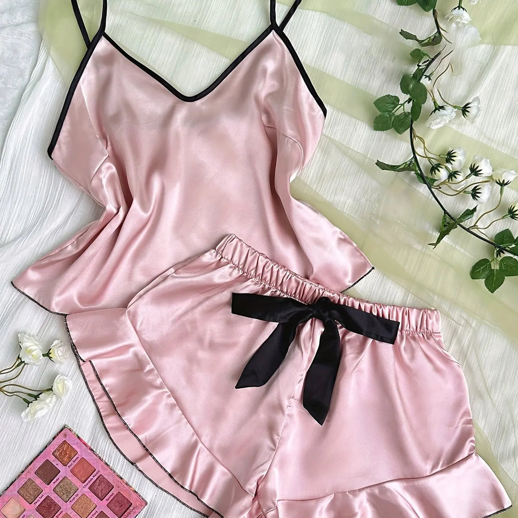 Satin V-Neck Pajama Set – Ruffled Bow Shorts for Loungewear and Sleep